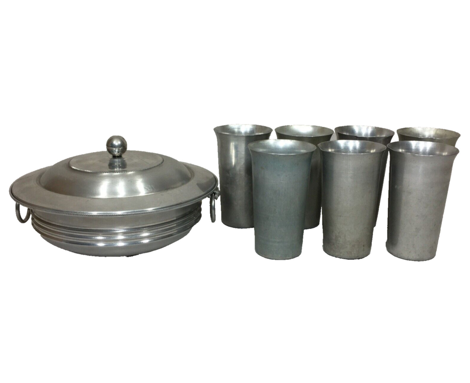 VTG Silver Tone Metal Covered Vegetable Serving Bowl Casserole 7 Tumbler Cups