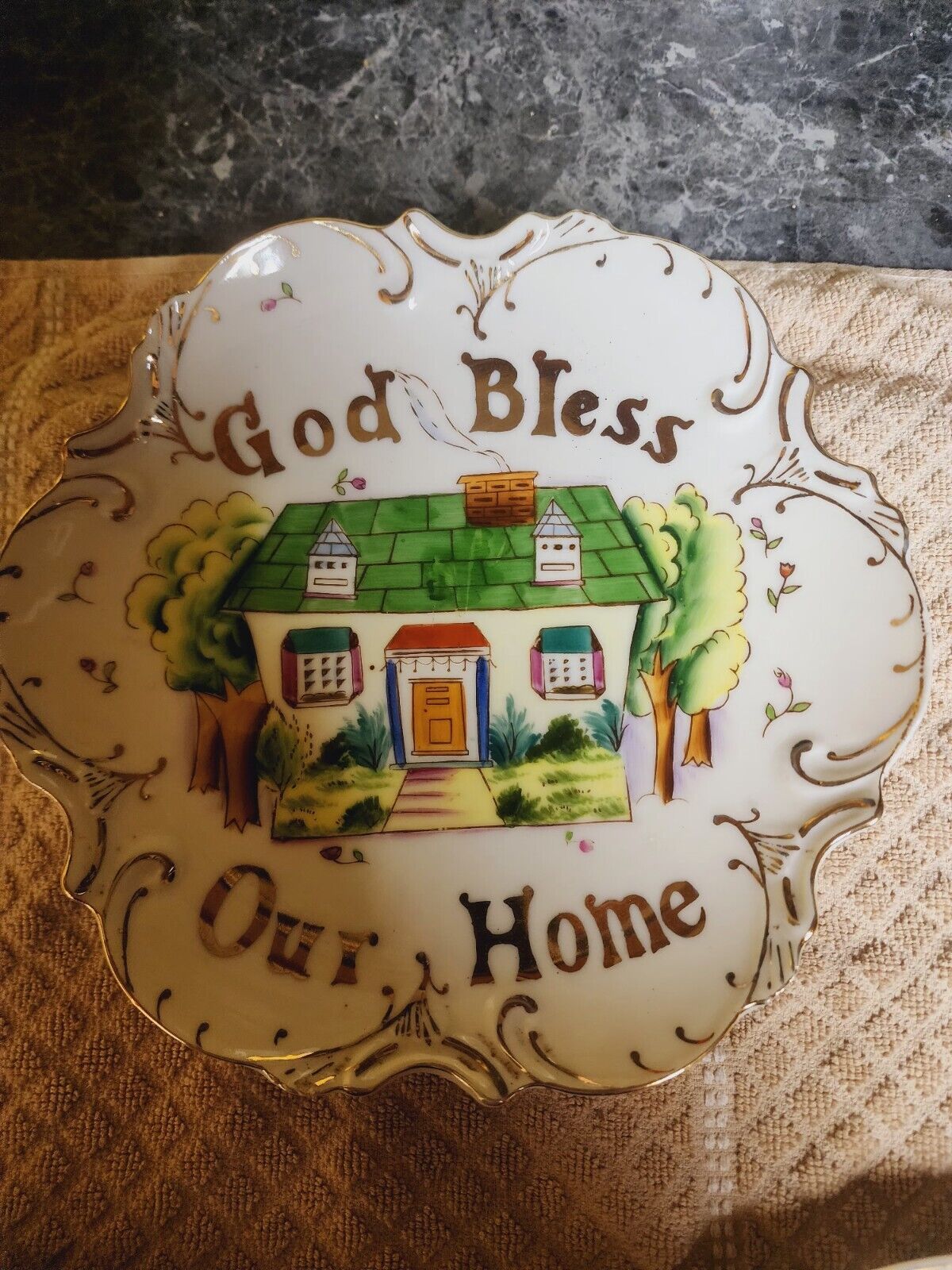Vintage Lefton God Bless Our Home Porcelain Decorative Plate 8”
