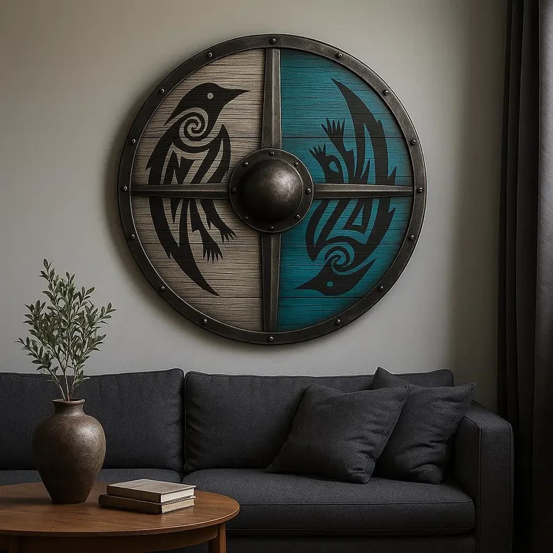 Viking Raven Shield - Handcrafted Wooden Wall Decor with Intricate Nordic Art
