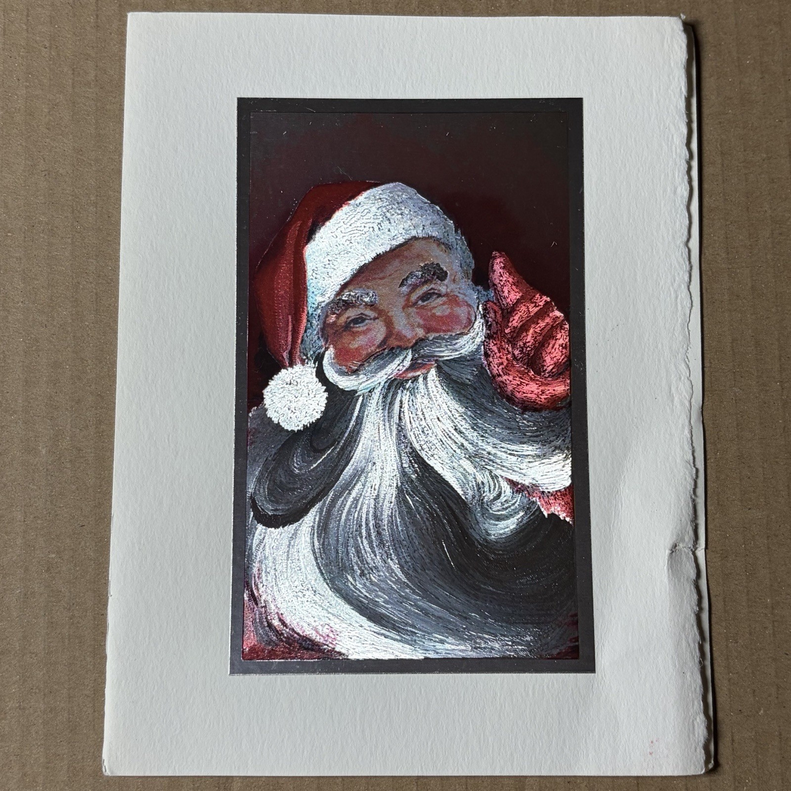 Vintage Henri Fayette Mid-Century Christmas Card Santa Portrait Metallic Foil