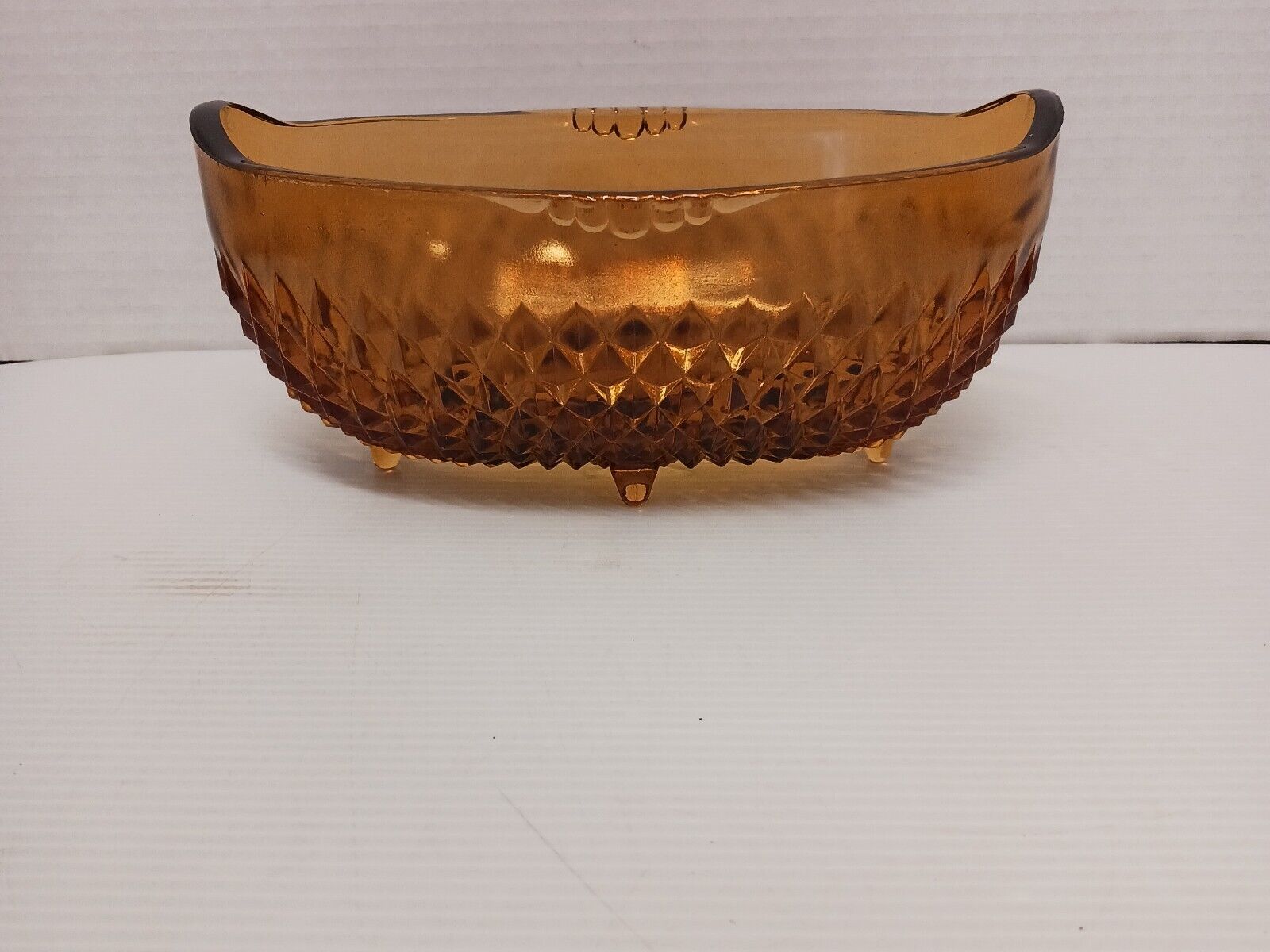 Vintage INDIANA GLASS Amber Gold Diamond Point Oval Footed Bowl Candy Dish