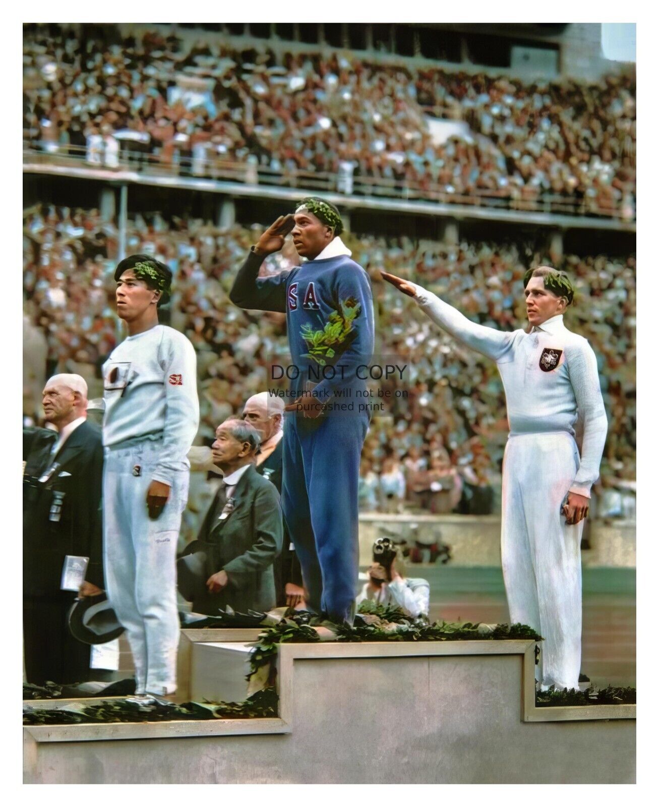 JESSIE OWENS STANDING ON PODIUM AT 1936 OLYMPICS BERLIN GERMANY 8X10 COLOR PHOTO