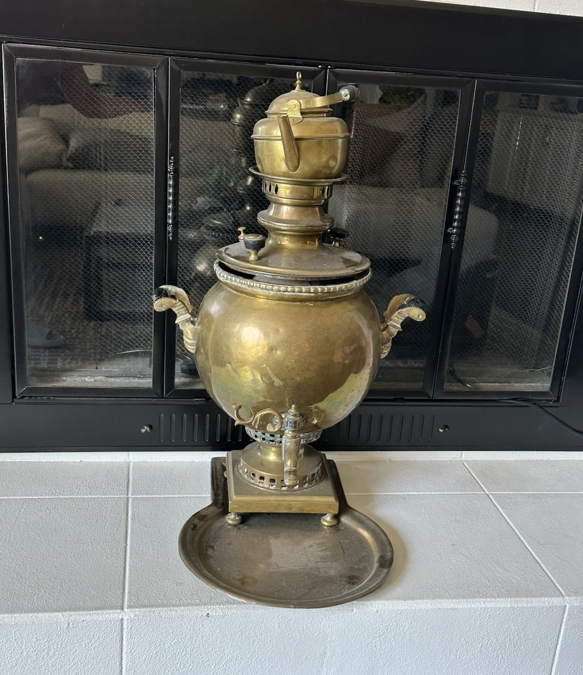 Vintage Brass Samovar Tea Urn Set 25” w/ Teapot Tray Chimney Spigot T.K. Mark Vintage Brass Samovar Tea Urn Set 25” w/ Teapot Tray Chimney Spigot T.K. Mark