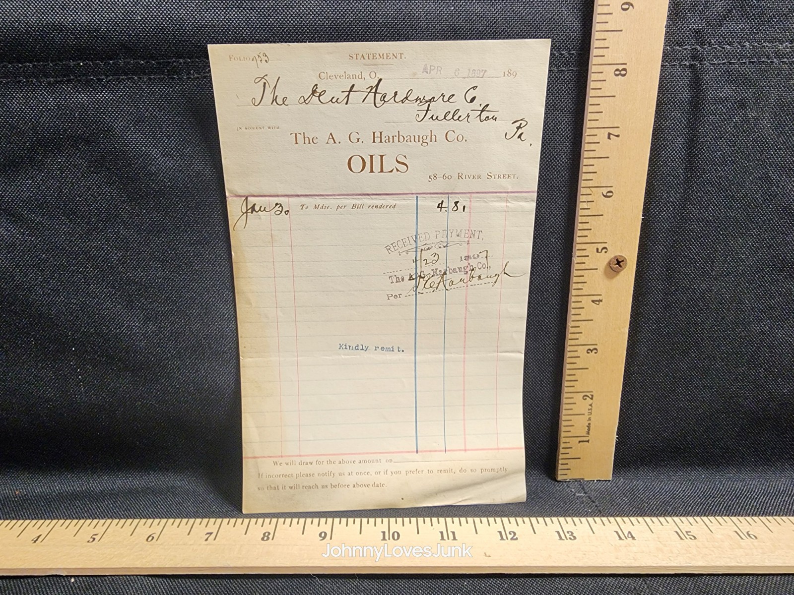 Antique 1897 Letter/Bill Head The A.G. Harbaugh Oil Company Cleveland Ohio