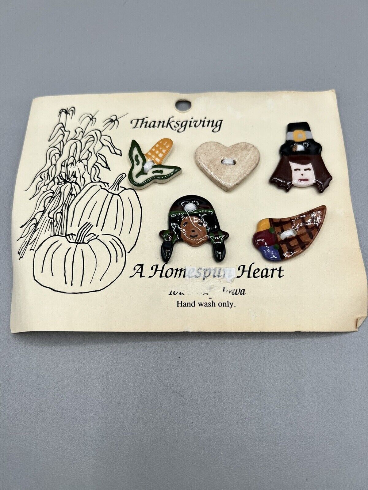 VTG Ceramic Buttons Folk Hand Painted Thanksgiving Theme Homespun Heart Crafts