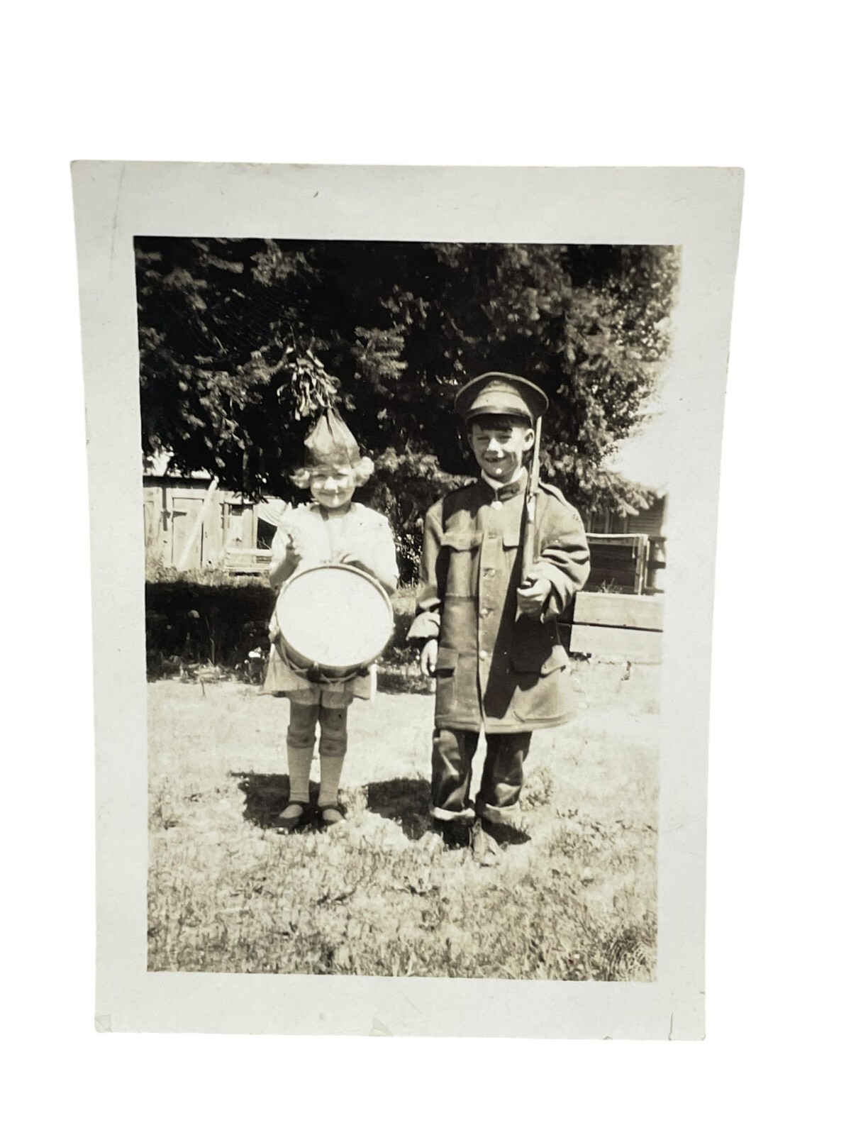Vintage Children in Costumes Snapshot Photo Boy Soldier and Little Drummer Girl