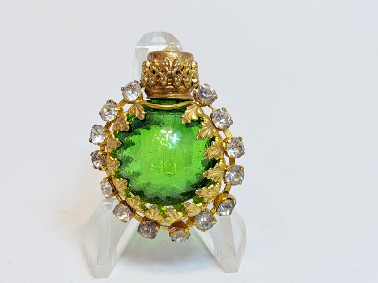 1930 Bohemian Gild Filigree Glass Perfume Bottle Jeweled Mini Sphere Rhinestones
