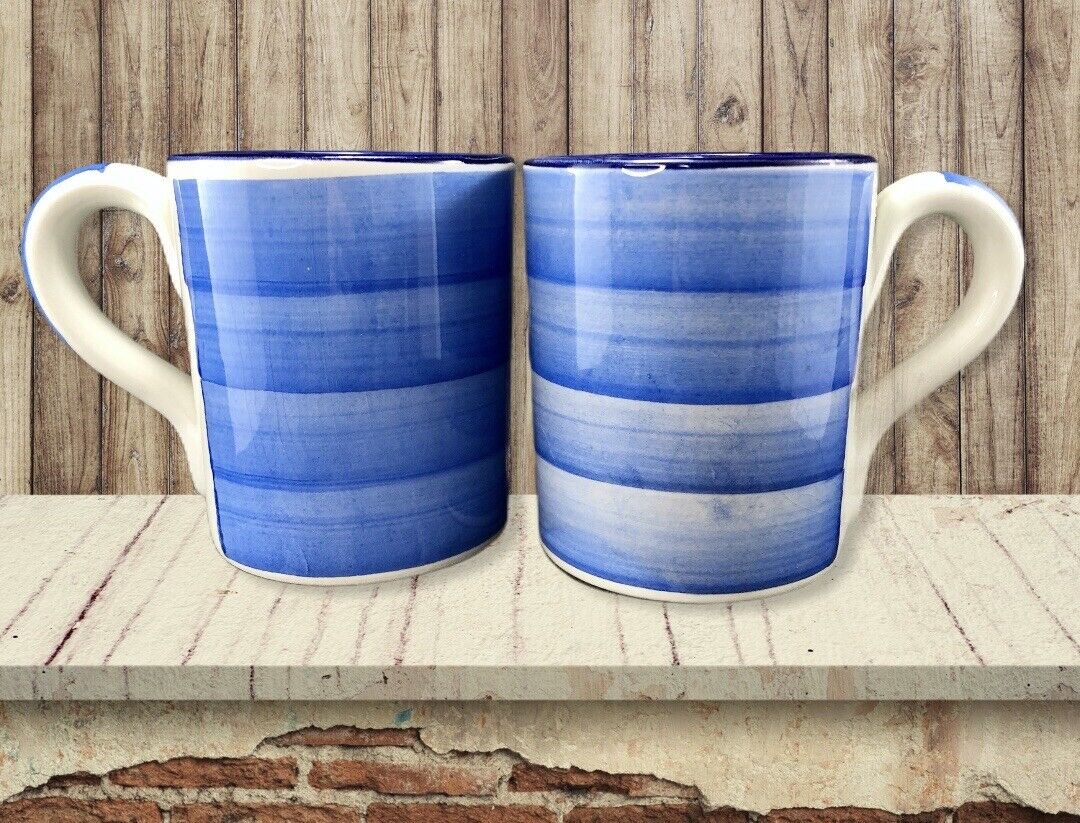 Two CMS Intrada Italy Hand Painted Blue Brush Stroke Stripe Mugs Cup Ceramic