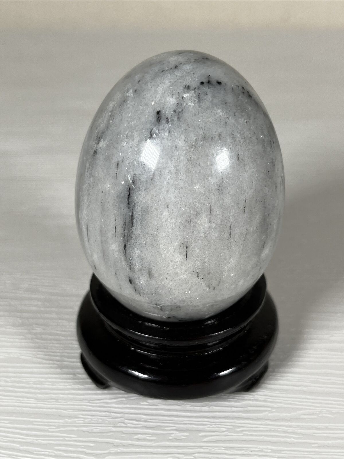 Natural Jadeite Stone Marble Egg w/Black Wooden Stand 3” Tall