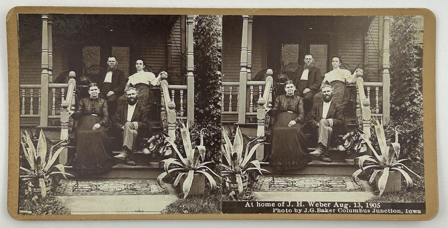 1905 Weber Family Porch Portrait Stereoview Columbus Junction Iowa Photo BakerL2