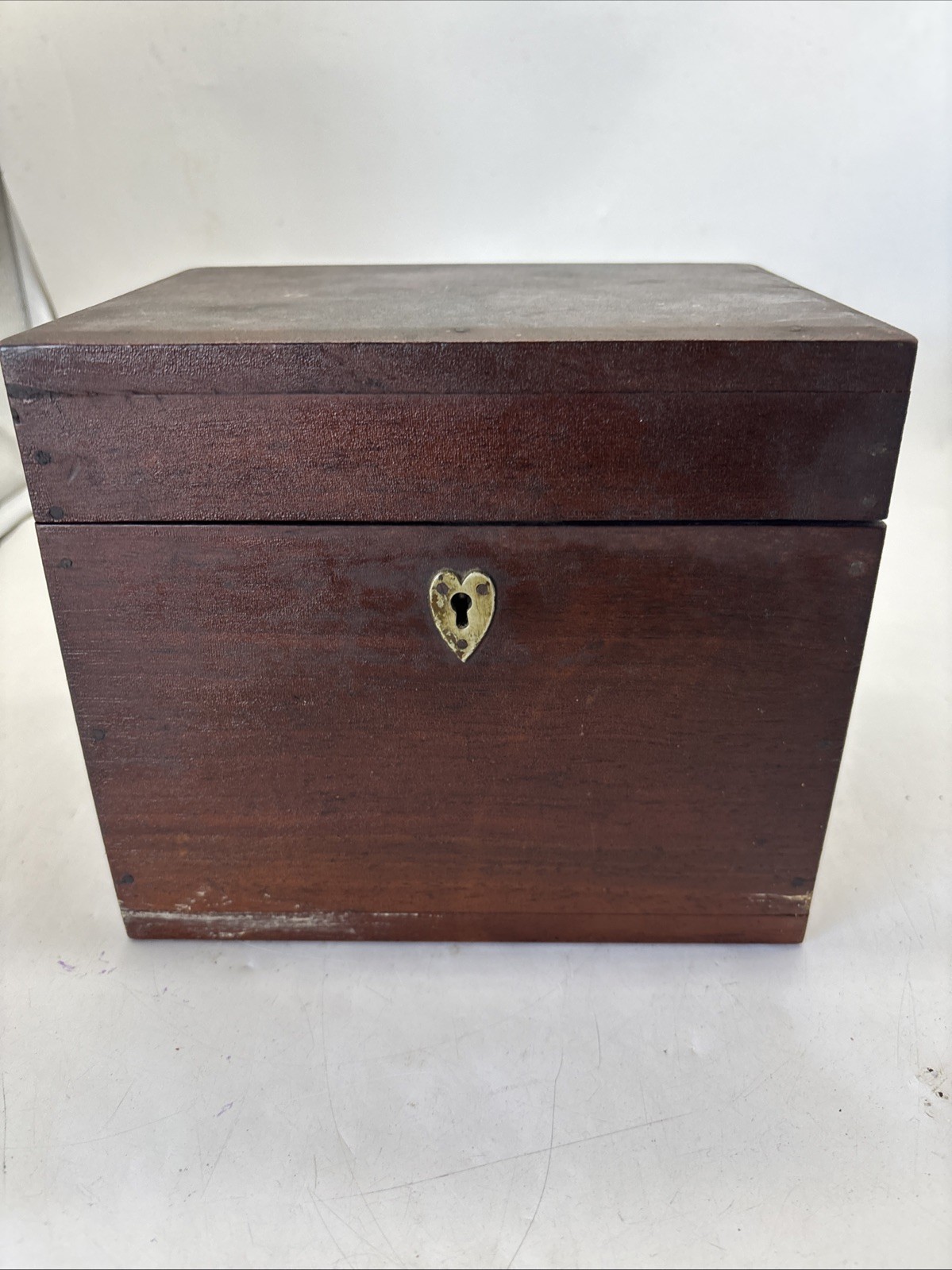 Vintage walnut wood Box Brass Hardware 8x7x6” No Key