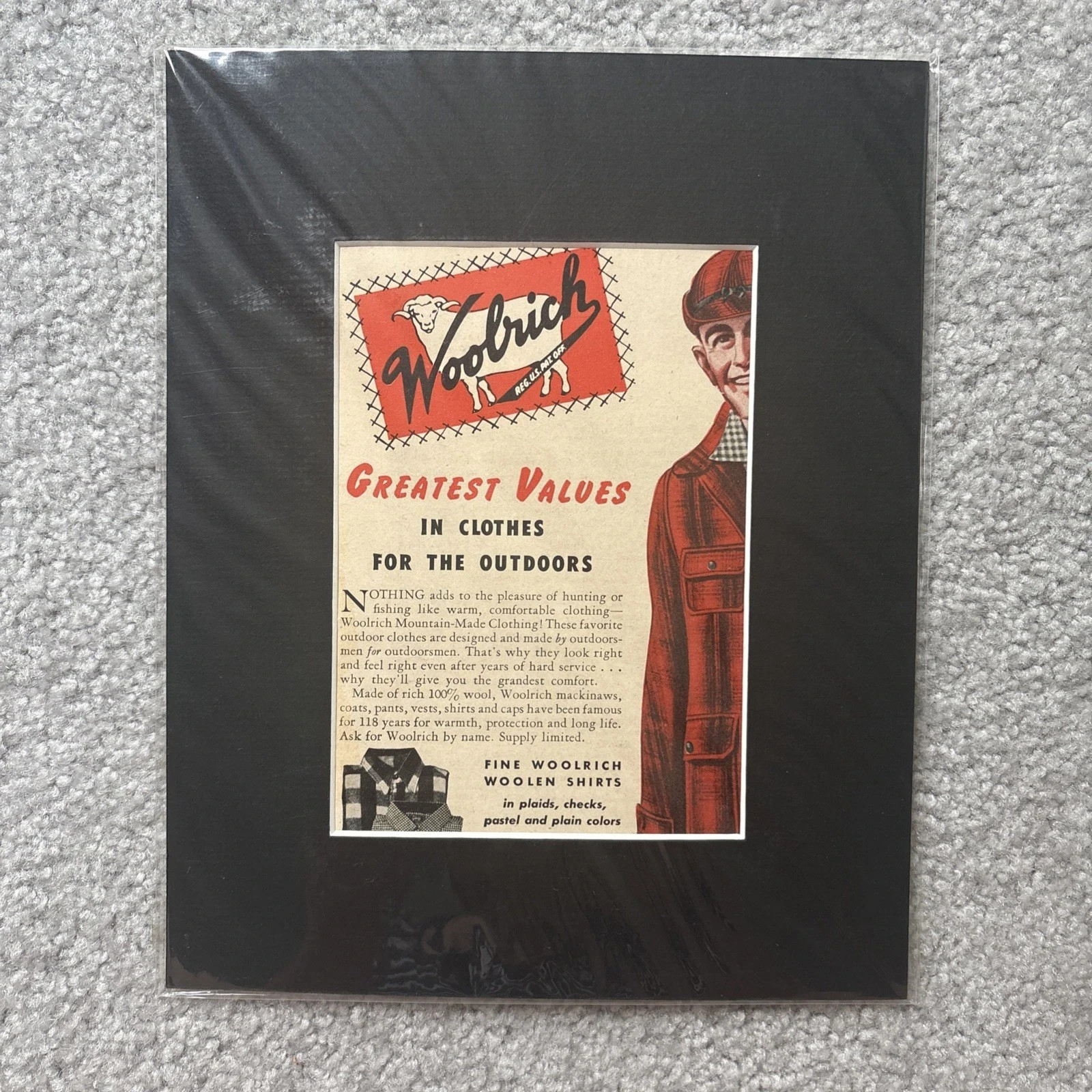 1948 Print Ad Woolrich Hunting Woolen Shorts, Woolrich, Pennsylvania w/Black Mat