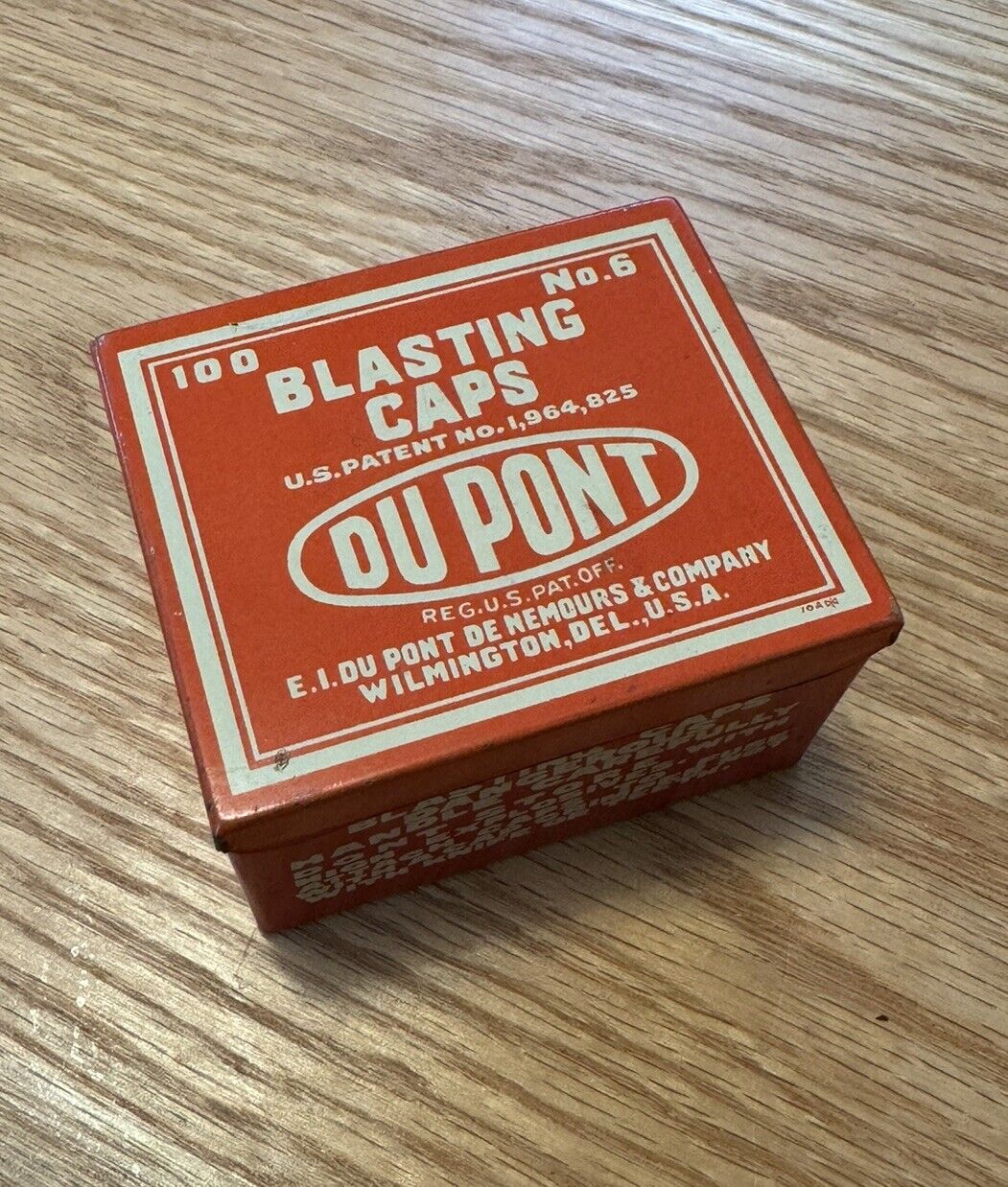 Vintage DuPont Powder Company 100 Count No. 6 Blasting Caps Tin-Mining Orange
