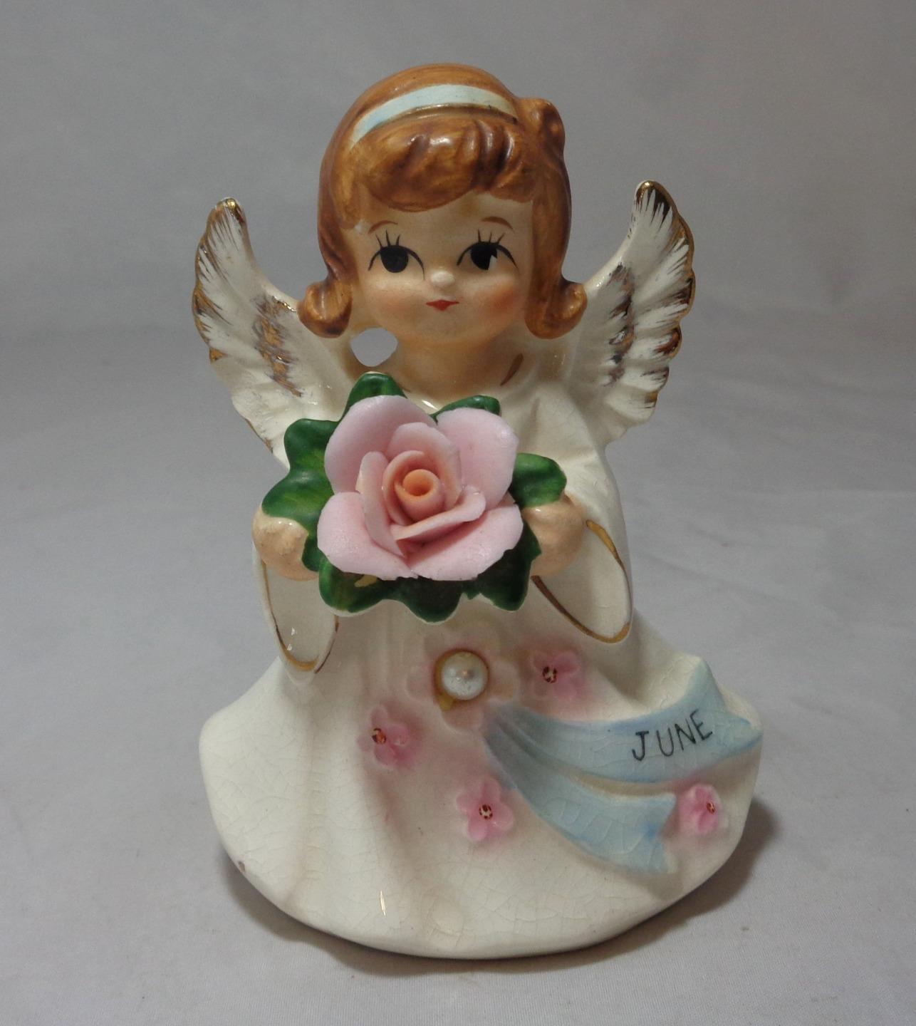 Vintage Lefton June Birthday Angel Figurine Rose & Pearl KW 6224