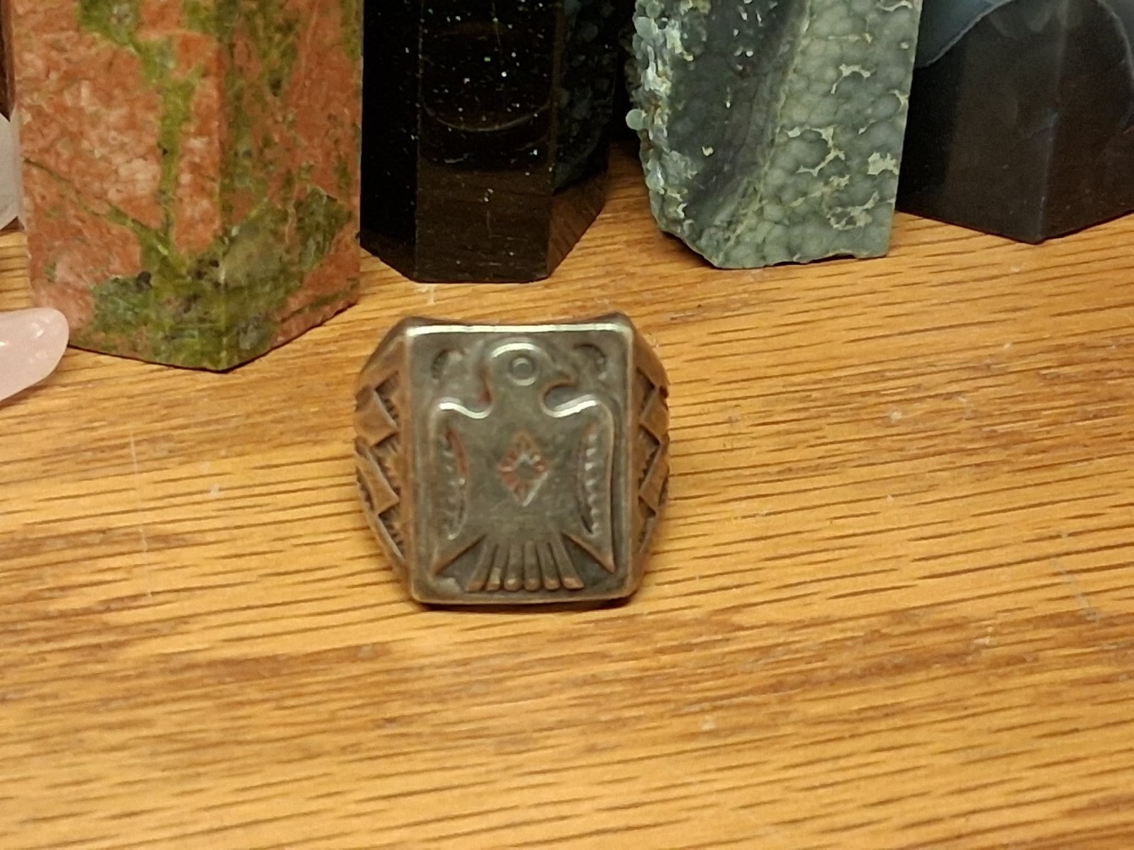 Fred Harvey era Thunderbird Ring sz 10.5  Cast Sterling Silver Coin bell trading