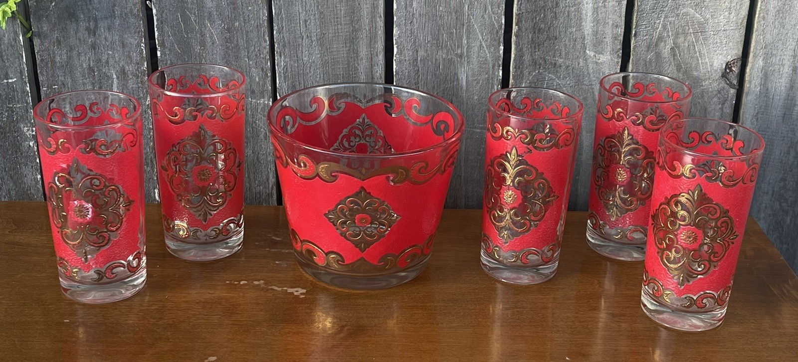 Mid-Century VTG Rare MCM 5 Red & Gold Highball Glasses Barware & Ice Bucket