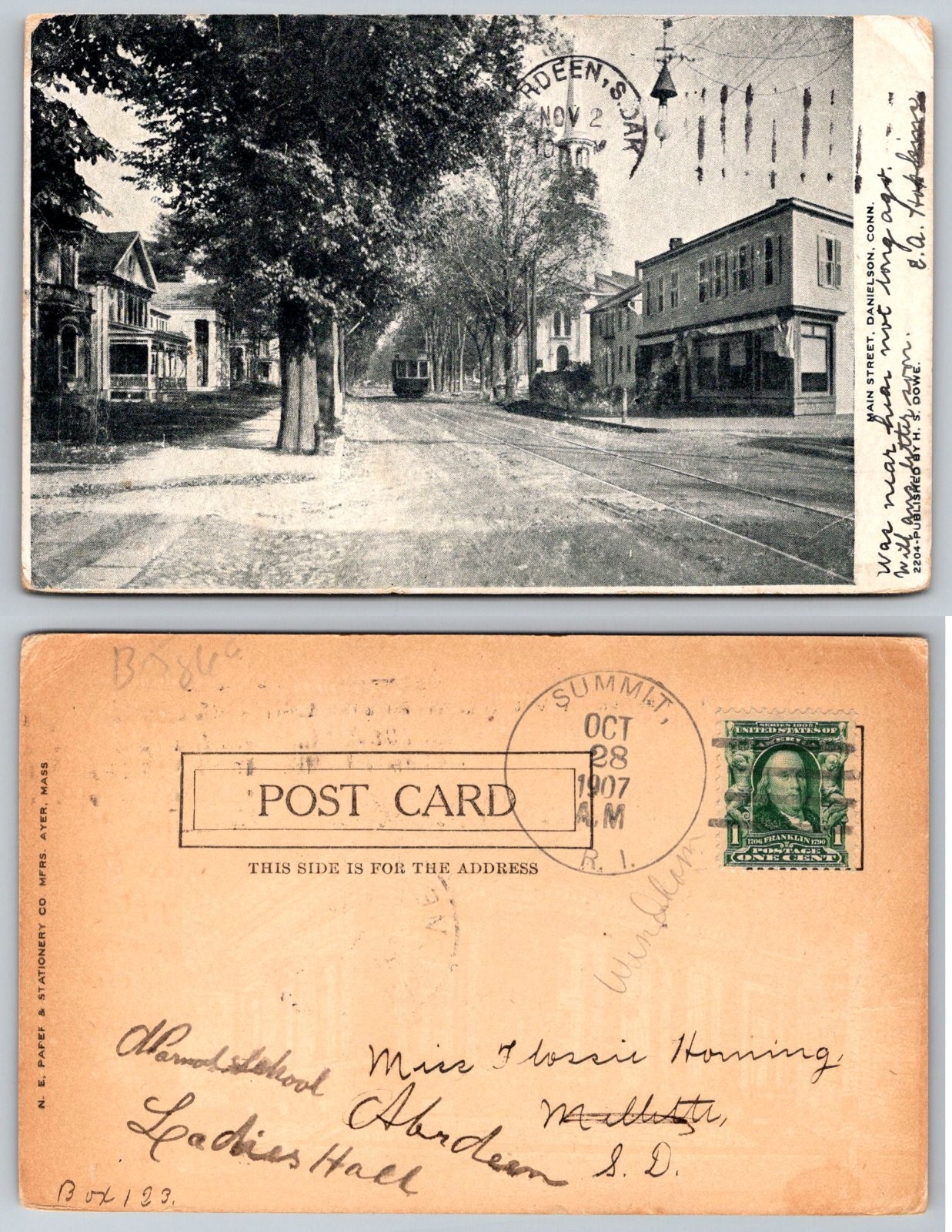 Standard Main Street Danielson Connecticut Streetcar Postcard
