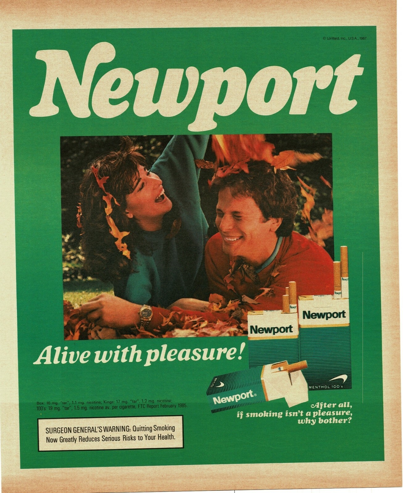 1987 NEWPORT Cigarettes couple frolicking in autunm leaves Vintage Print Ad