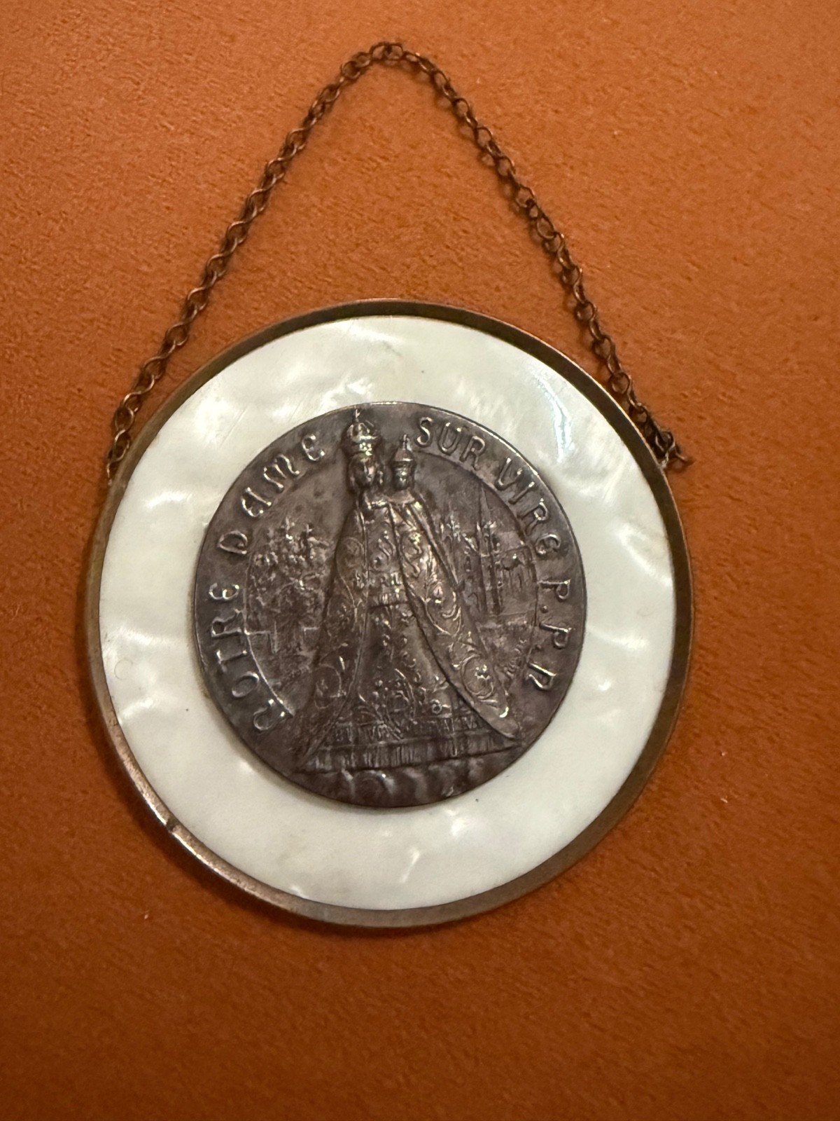 Vintage French Notre Dame sur Vire Mother of Pearl Religious Wall Medallion Vintage French Notre Dame sur Vire Mother of Pearl Religious Wall Medallion