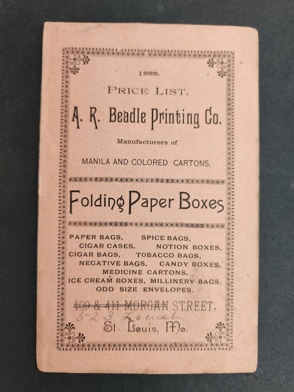 1888 antique BEADLE PRINTING st louis mo PRICE LIST folding BOXES CARTONS pnk AD