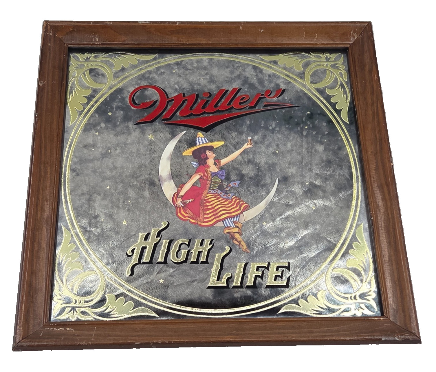 VTG 1979 Miller High Life Girl On The Moon Beer Mirror Wall Bar Sign 18x18 Rare