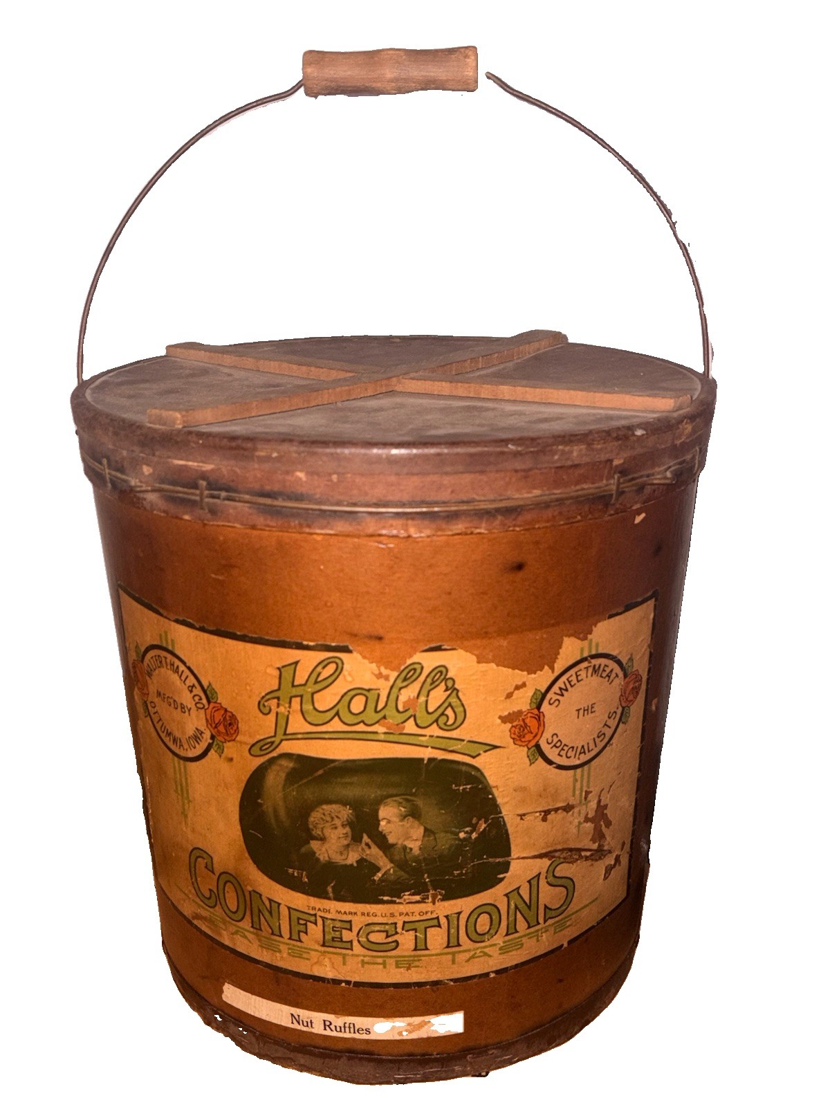 LARGE WOODEN Advertising Candy Pail HALLS OTTUMWA IOWA Confection Mt Ayer Grocer