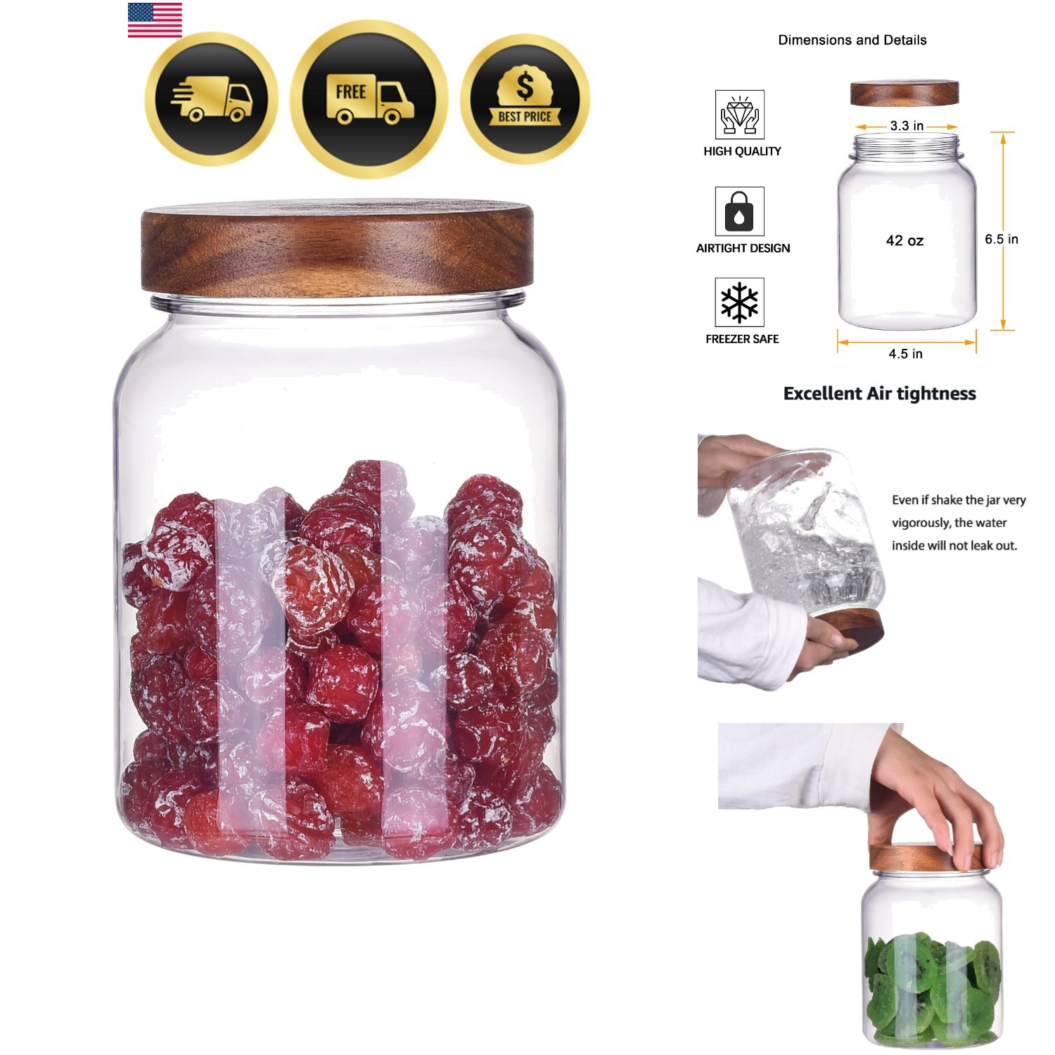 42 Fluid Ounces Unbreakable & Dishwasher Safe Plastic Apothecary Jar with Woo...