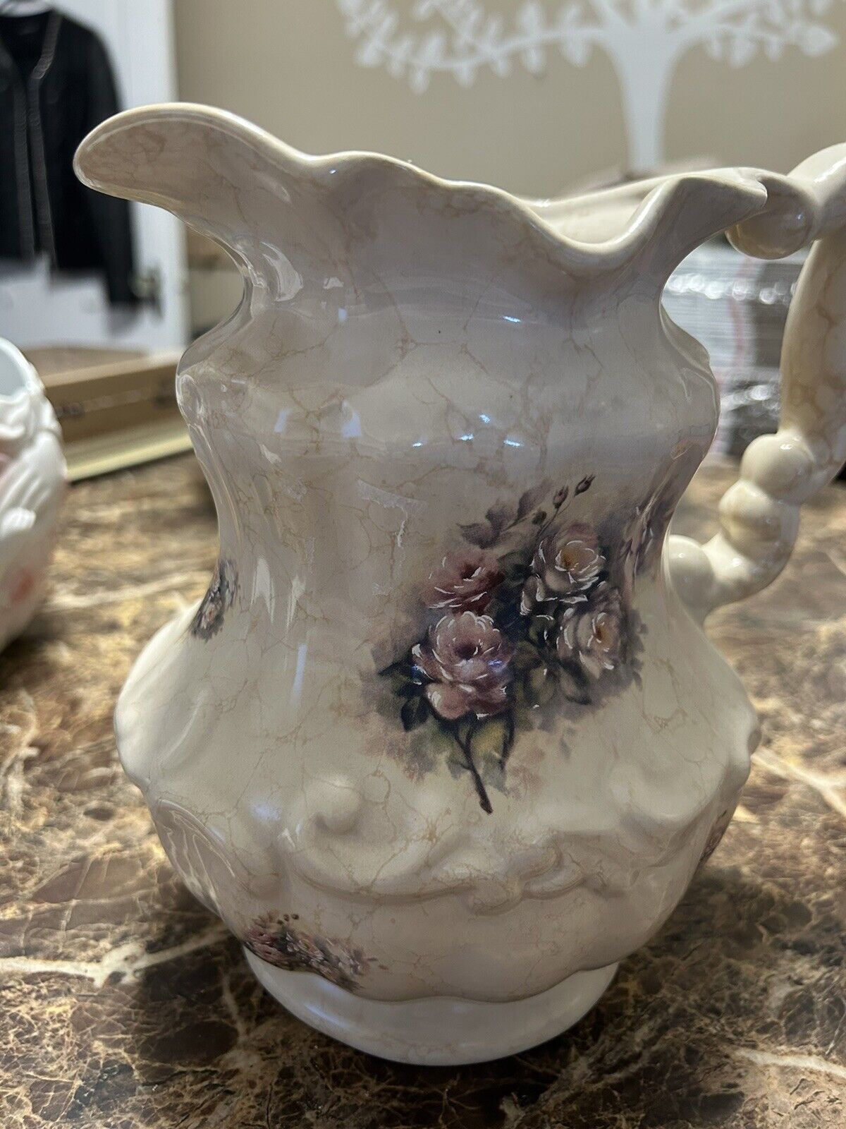 VTG. TH Athena Ceramic Porcelain Large Pitcher Floral Pattern Pink Flowers USA