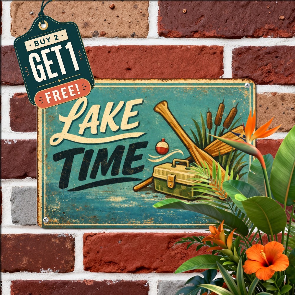Gone Fishing by the Mountain Lake Sign Rustic Outdoor Sports Metal Tin Plaque