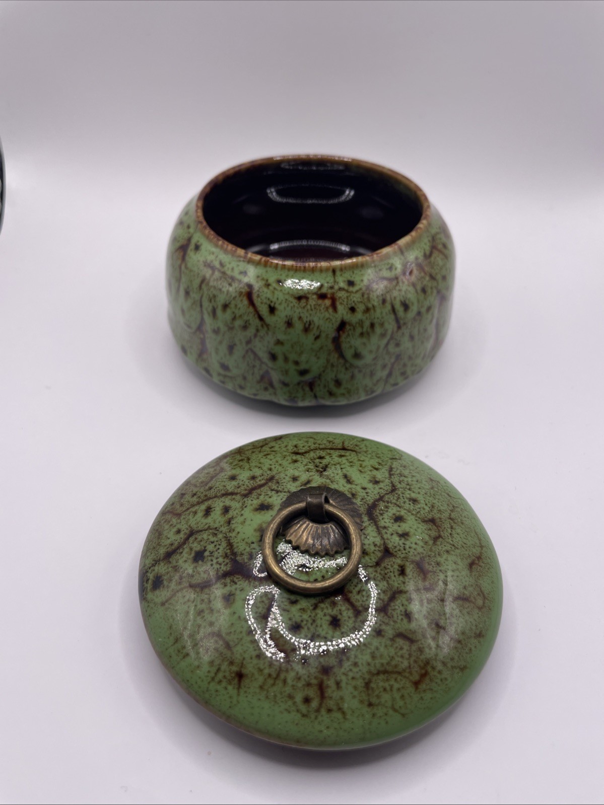 Ceramic Pottery Windproof With-Lid Green-Brown Speckled 4\