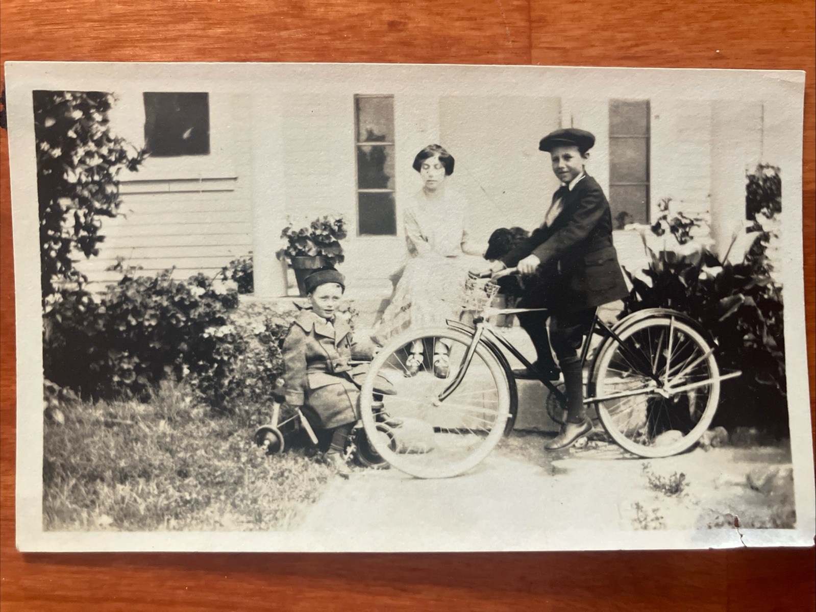 Antique Found Photo Children Bike Bicycle Newsie Hat  4 x 3 1910s 1920s