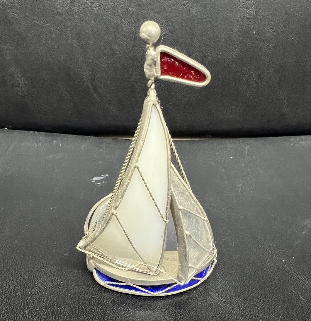 Vintage Stained Glass Nautical Sailboat Freestanding Votive Holder