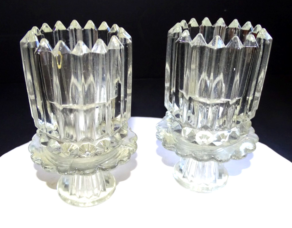 two Ribbed Crystal candle stick voltive holders 4.5\