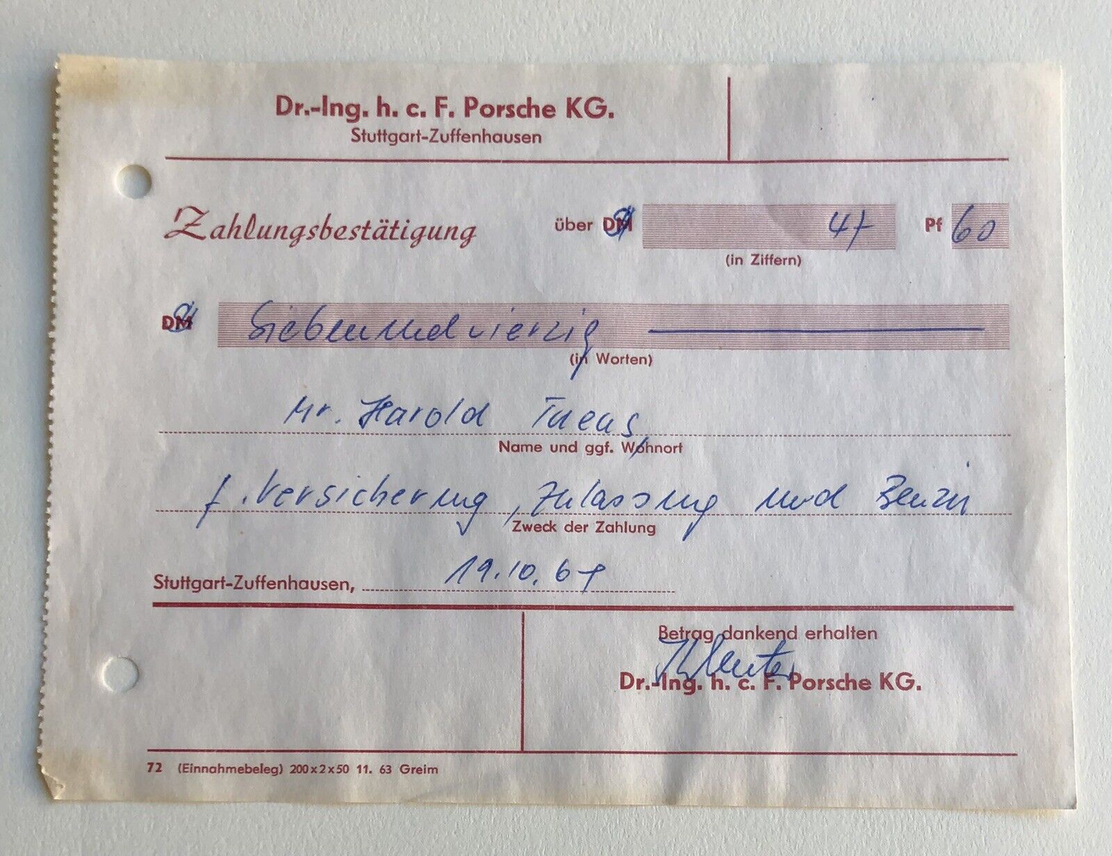 Vintage PORSCHE Receipt Insurance Dr.-Ing. Stuttgart 1964 Germany