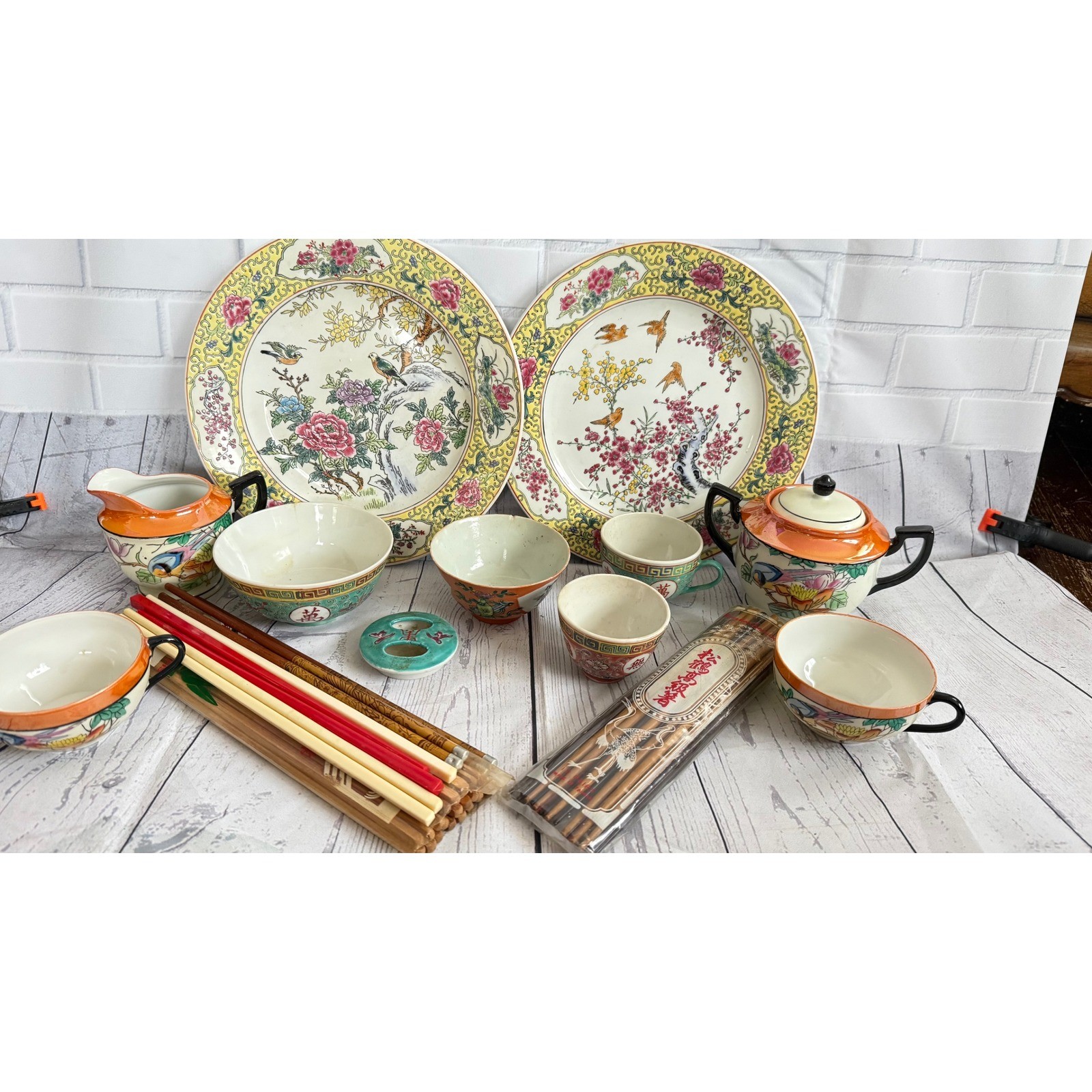 Vintage Chinese Porcelain Set Famille Rose Mun Shou Plates Tea Cups Chopsticks