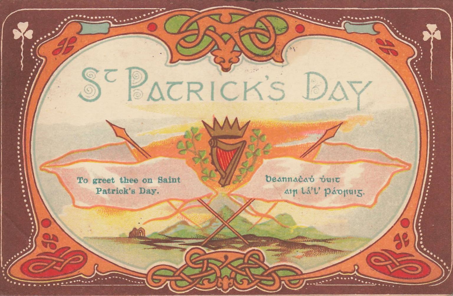 1911 St. Patrick's Day Postcard Art Nouveau Celtic Harp Shamrock Ireland NY