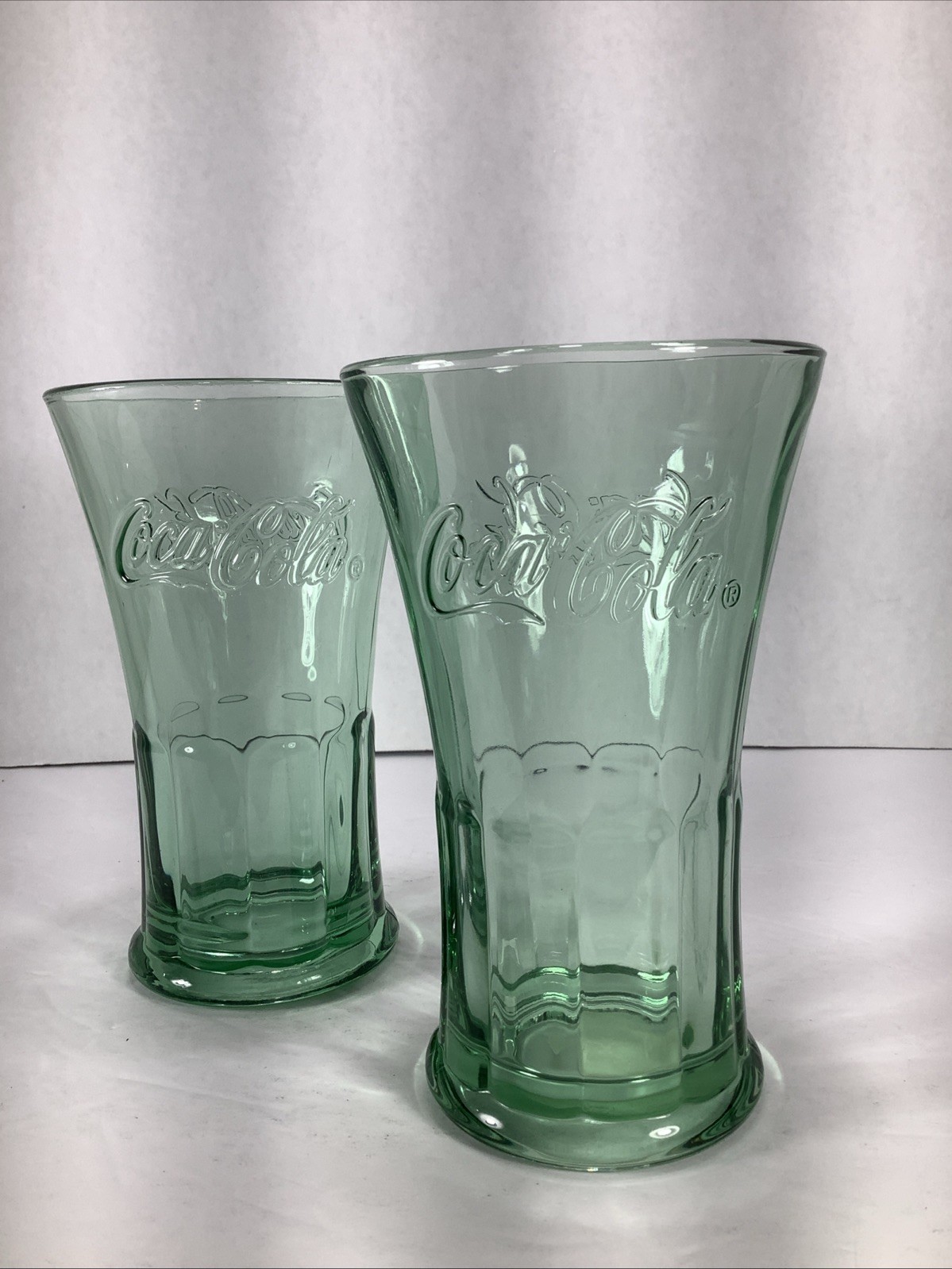 Set of 2~Libbey 14oz Green Tinted Embossed Coca-Cola Glass Tumblers~NEW Set of 2~Libbey 14oz Green Tinted Embossed Coca-Cola Glass Tumblers~NEW
