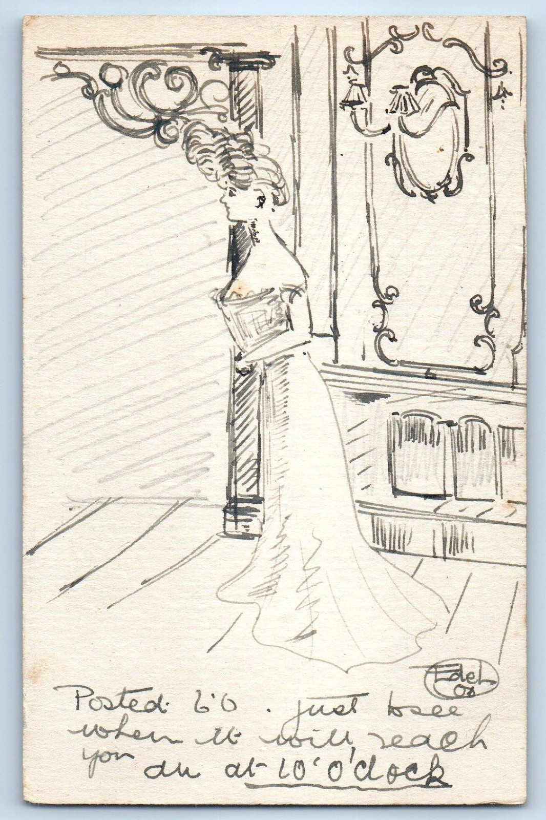 c1910's Woman Wearing Long Dress Hand Drawn Art West Hampstead NW Postcard