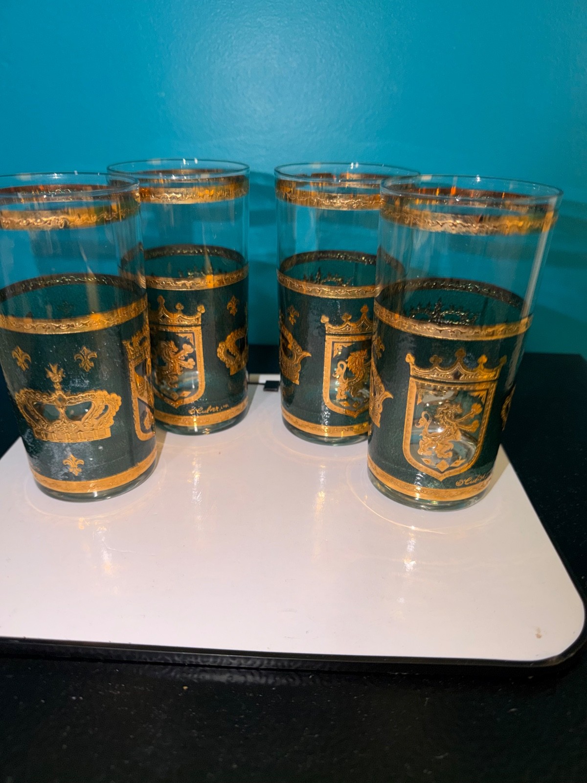 4 Culver  Crown and Shield glasses 24K gold trim and rich green MCM barware