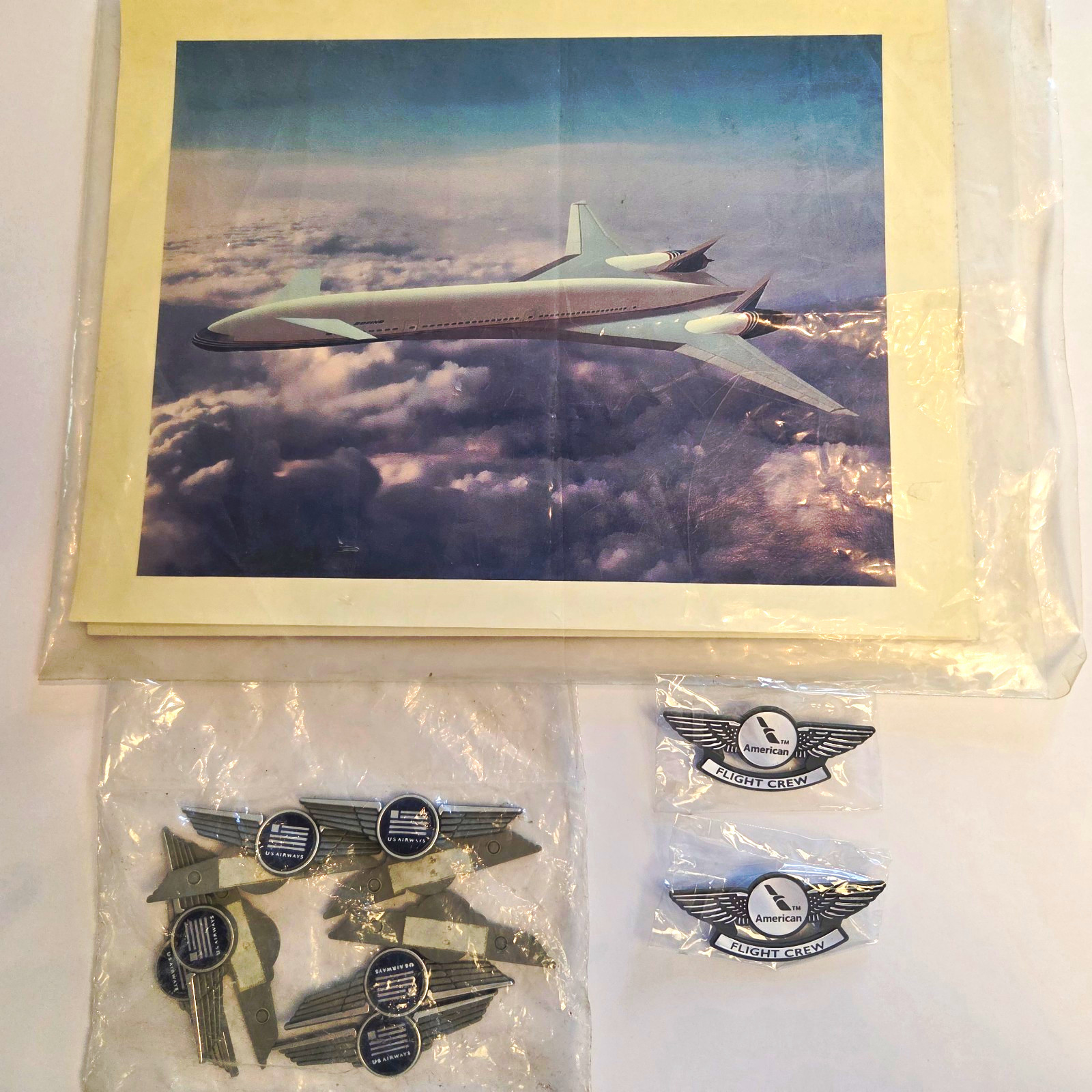 Vtg American Airlines Flight Pilot Wings Pin Lot & Boeing Sonic Cruiser Print