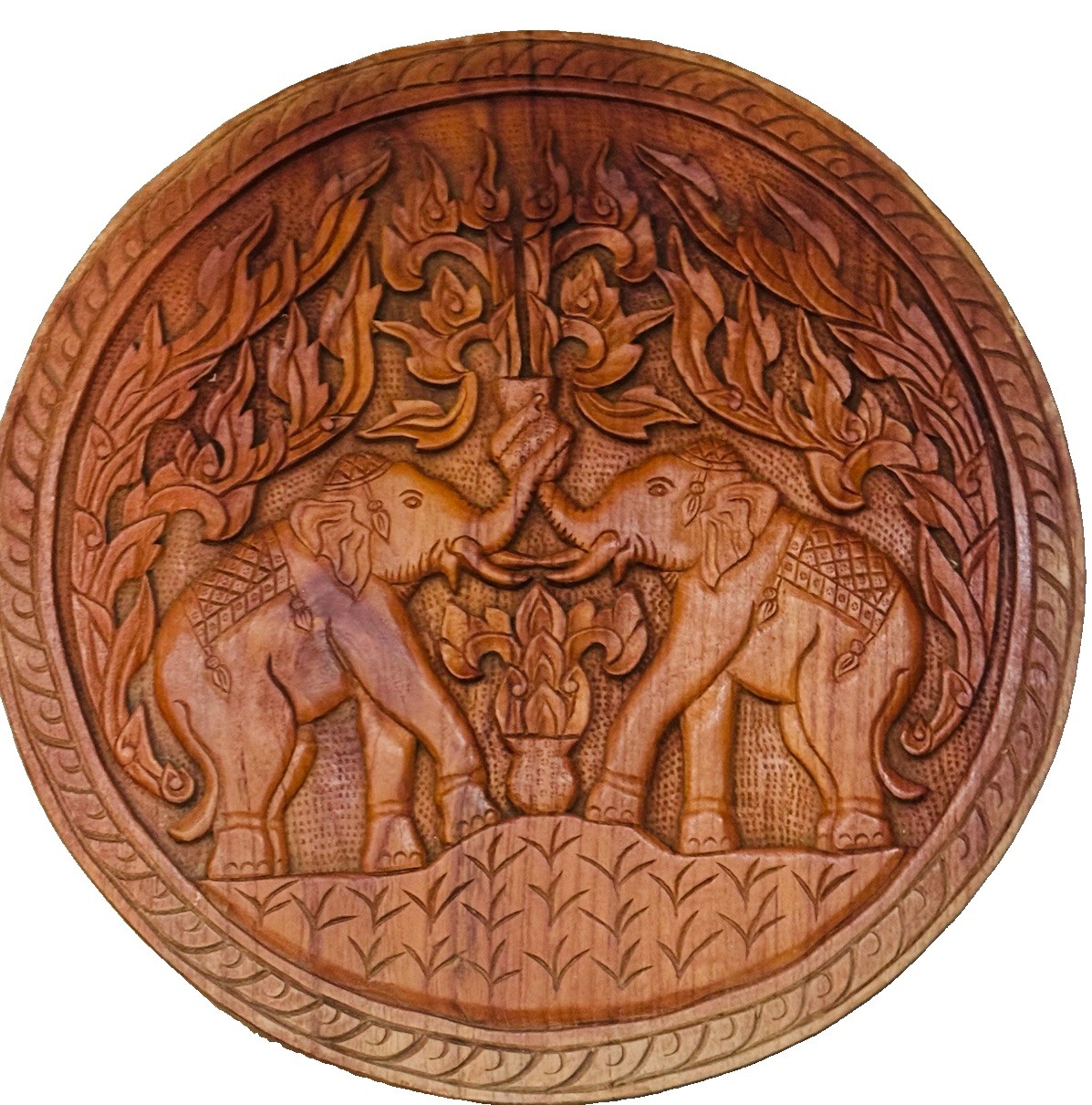 Vintage Carved Wood Elephant Wall Plaque 20” Asian Thai Style Decor