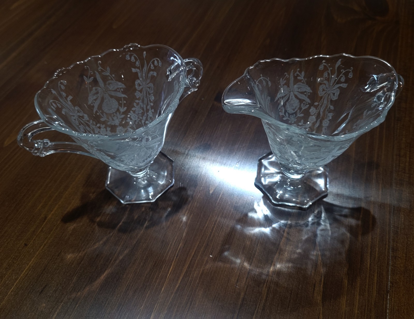 Heisey Glass Waverly Orchid Etch Pedestal Creamer &Open Sugar Bowl