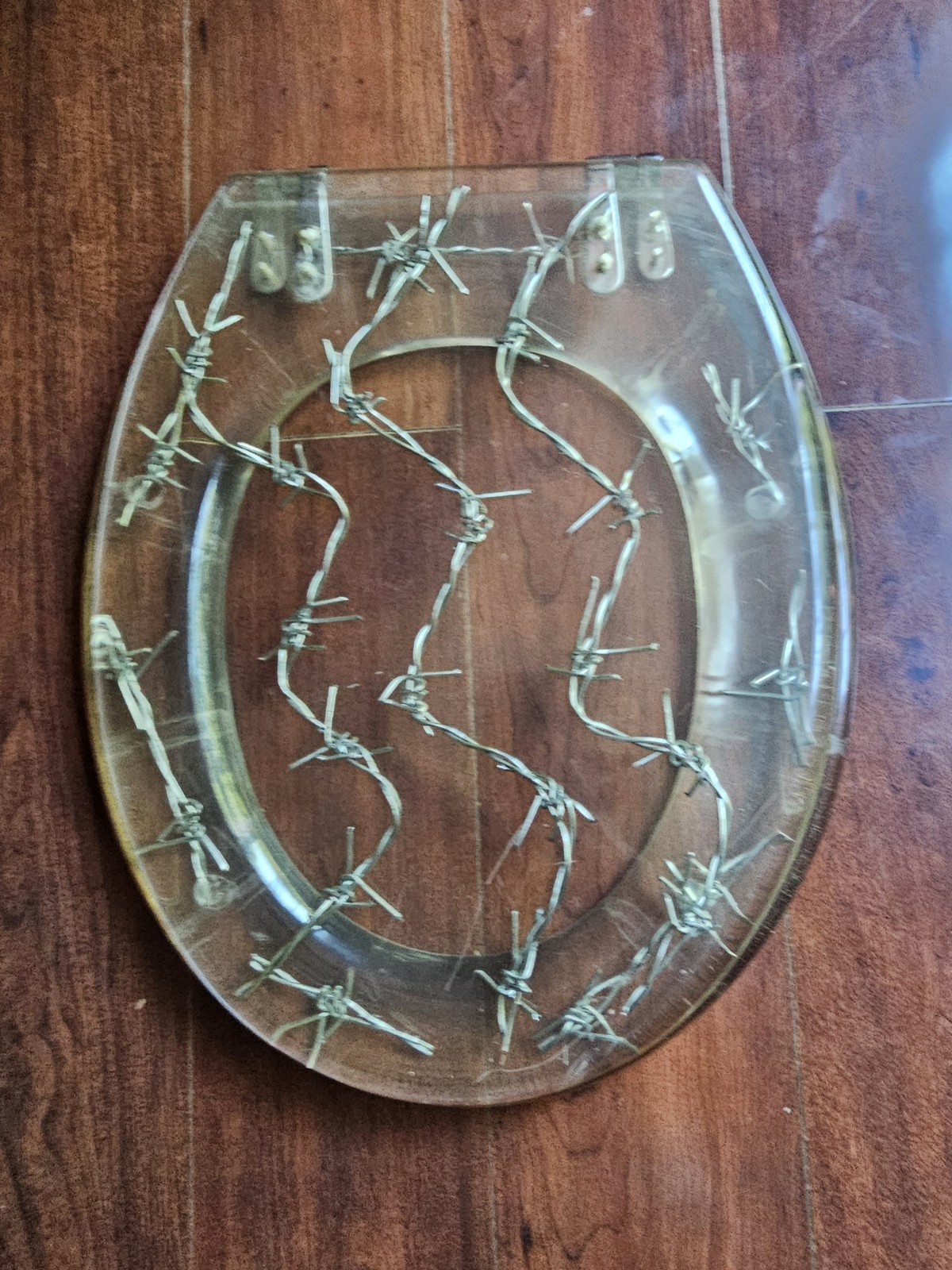 Vtg Lucite Acrylic Resin Clear Barbed Wire Toilet Seat Man Cave 16.5 Vtg Lucite Acrylic Resin Clear Barbed Wire Toilet Seat Man Cave 16.5