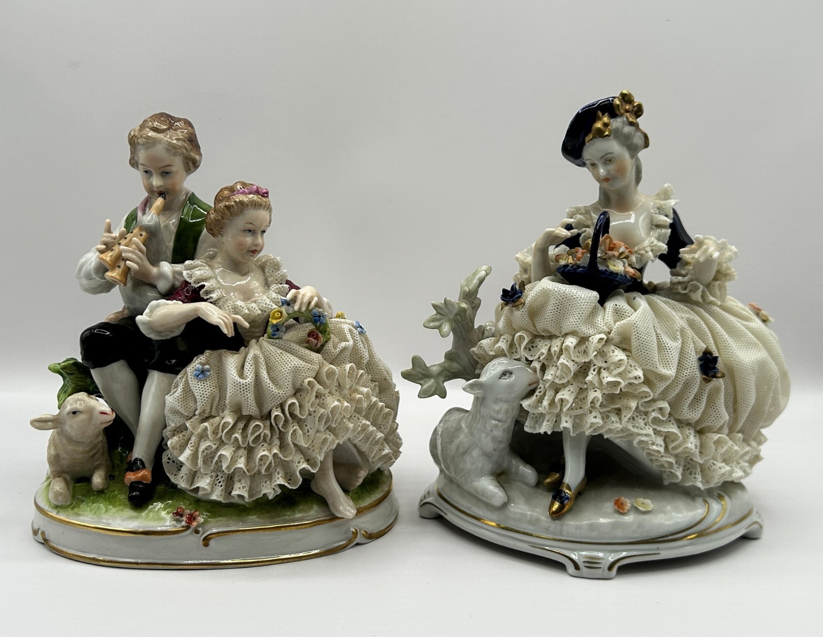 Vintage Unterweissbach Dresden Lace Porcelain Figurine Pair 8321 8193 Germany