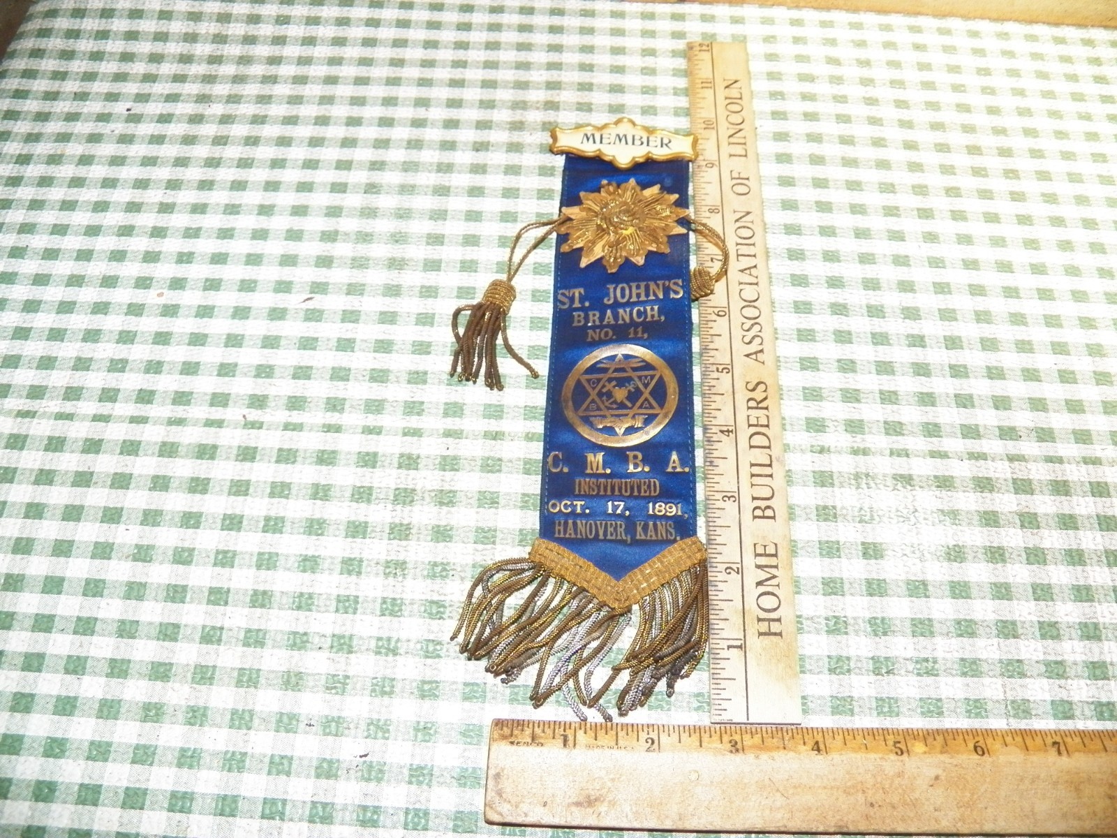 Vintage 1891 ST. JOHN\'S HOLY NAME SOCIETY Member Badge Ribbon - Hanover, Kansas