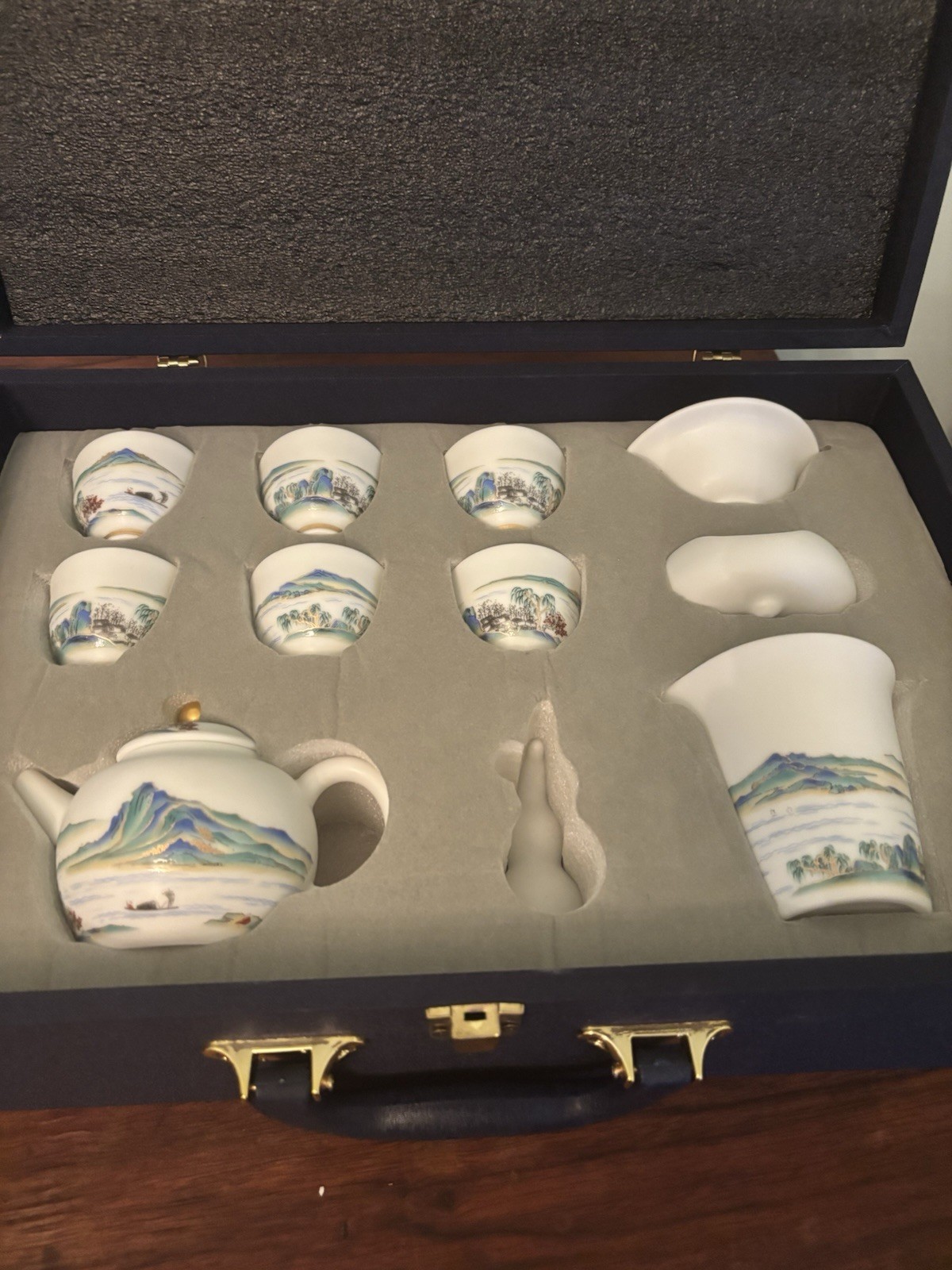 Porcelain Landscape Tea Set, Teapot w/ Lid, 6 Cups, Creamer, Sugar Bowl Box