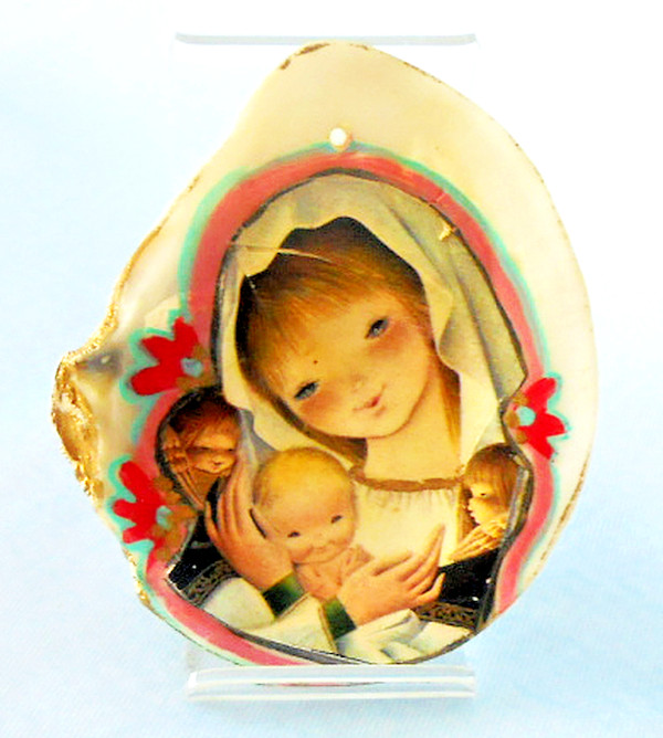 VIRGIN MARY w BABY JESUS HANDPAINTED on LARGE CLAM SHELL w Acrylic Easel_Vintage