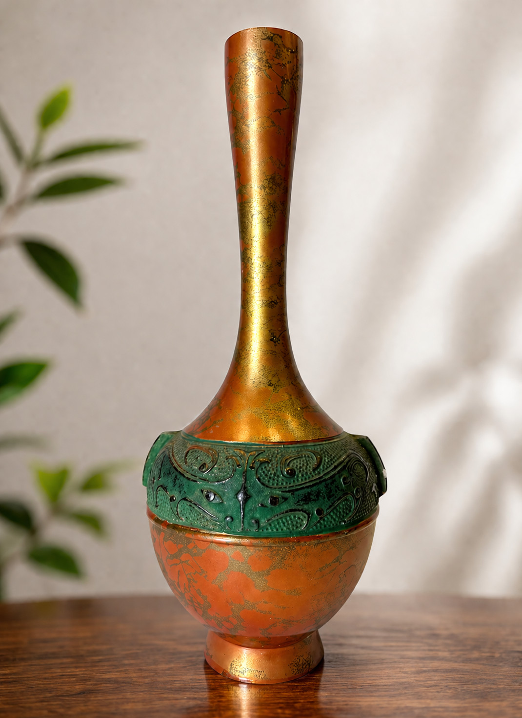Vintage Japanese Takenaka Copper Vase Bronze Overlay Patina Asian Art 9x4”