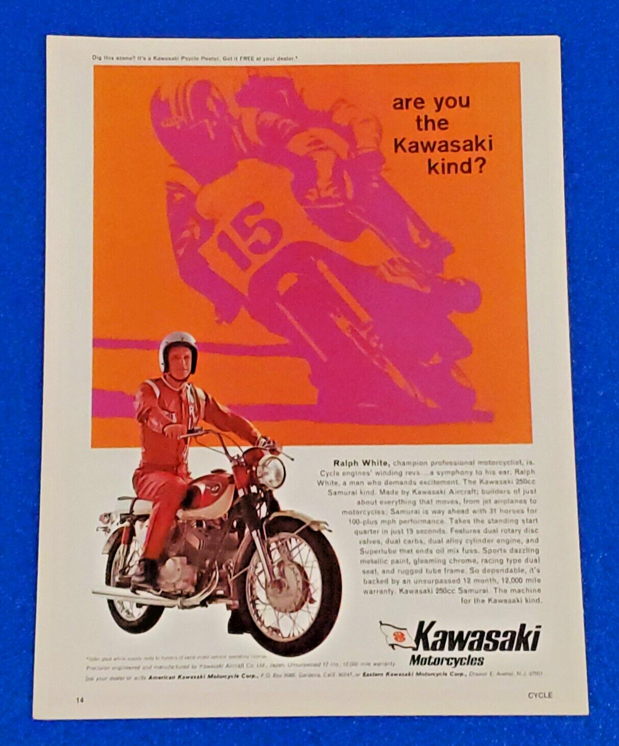 1968 KAWASAKI SAMURAI 250cc MOTORCYCLE ORIGINAL COLOR PRINT AD CLASSIC ART JAPAN