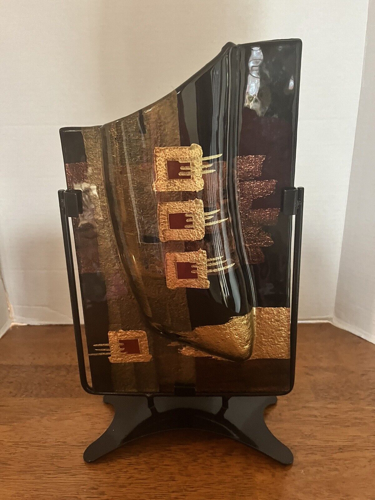 Modern /retro /fused glass/ art vase on metal frame /13 X8”/mint